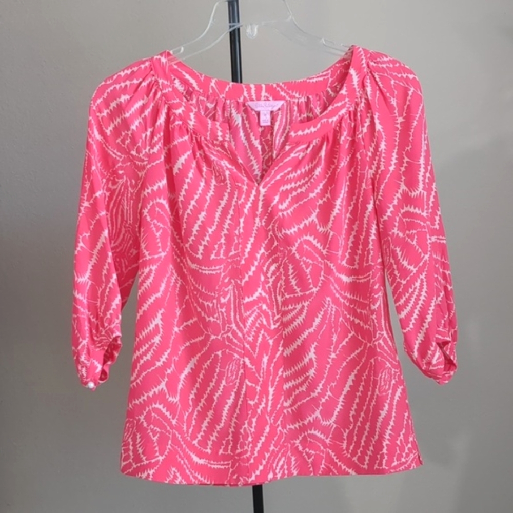 Lilly Pulitzer Moxy 100% Silk Stripe 3/4 Sleeve Blouse Top Sz XS